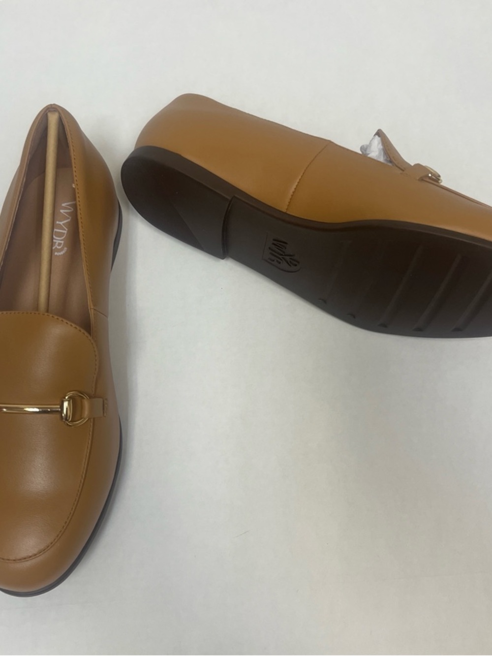 WYDR Women's Wide Width Tan Leather Slip-On Loafers with Gold Accent